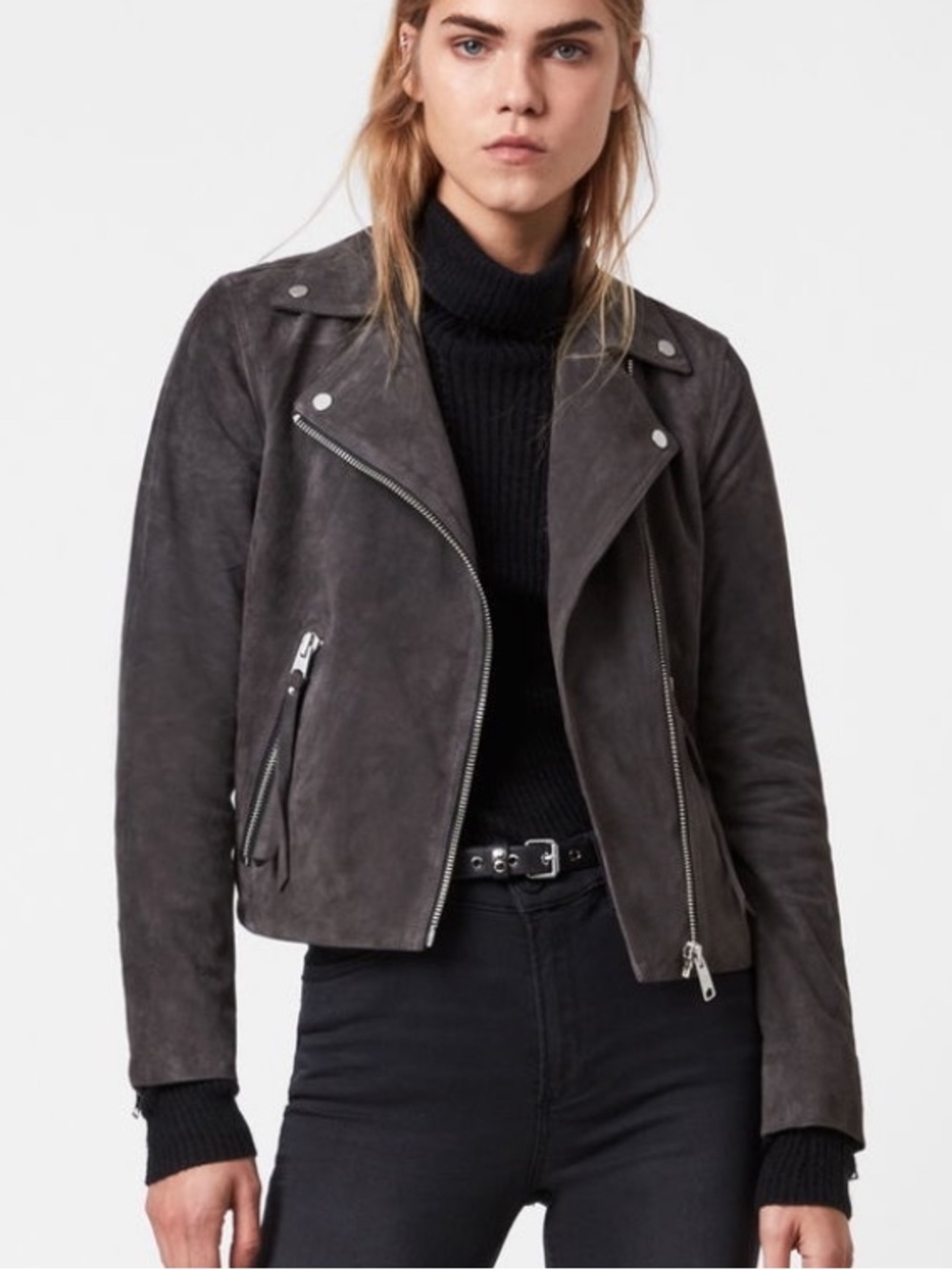 AllSaints Suede Biker Jacket in Charcoal